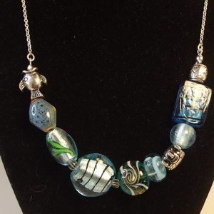 Vintage NRT Necklace - Avon - Blue & Green Glass Sea Turtle Fish Ocean Theme